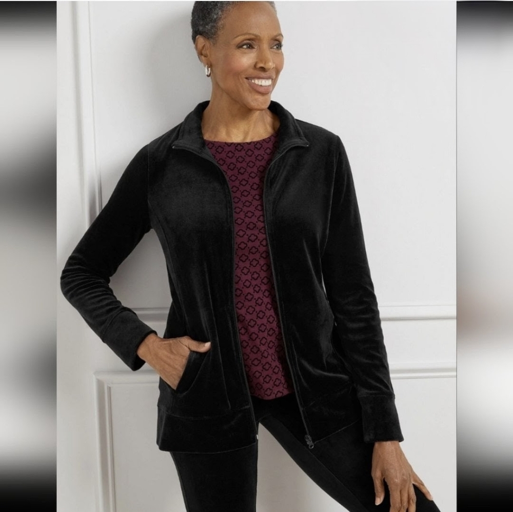Talbots Womens Jacket Black Velvet Jogger Casual Layering Piece Front Zip Large
